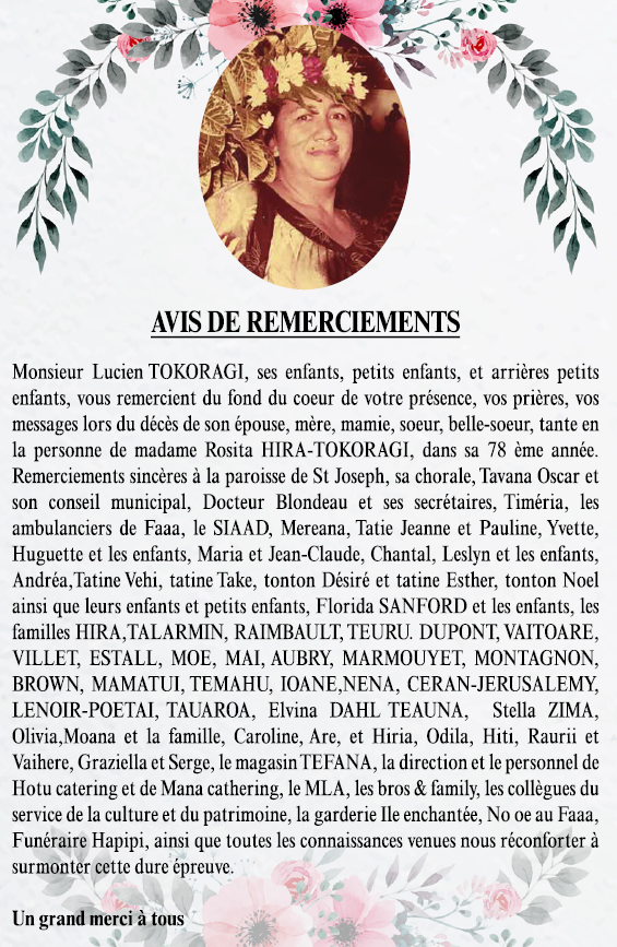 Avis de remerciements Famille HIRA-TOKORAGI