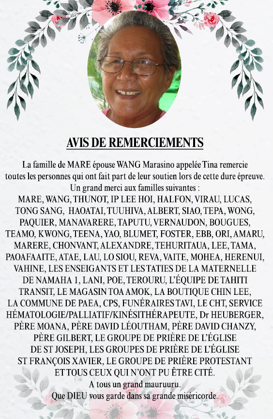 Avis de remerciements Famille MARE-WANG