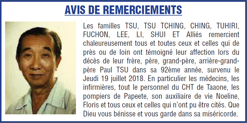 Avis de remerciements Famille TSU