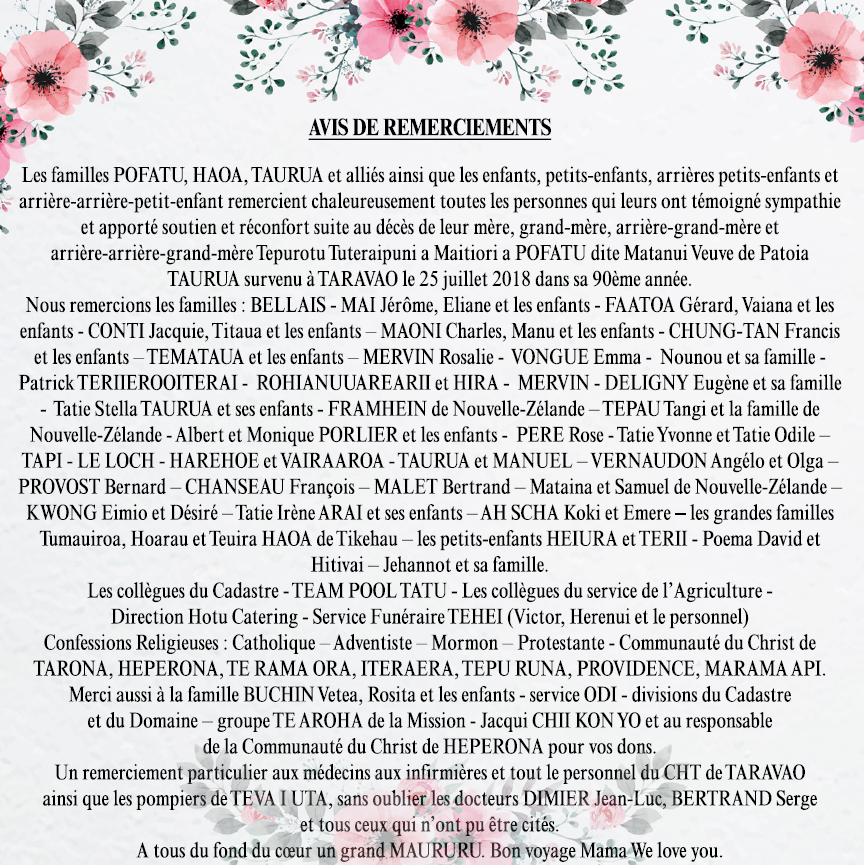 Avis de remerciements Famille POFATU - TAURUA