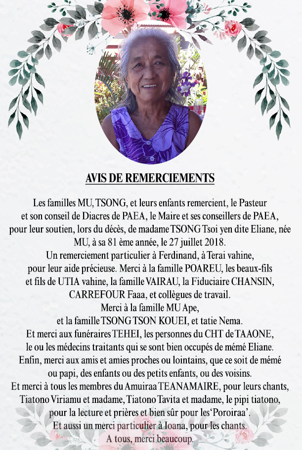 Avis de remerciements Famille MU-TSONG
