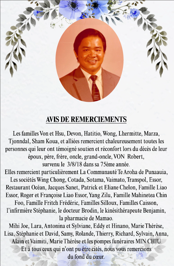 Avis de remerciements Famille VON