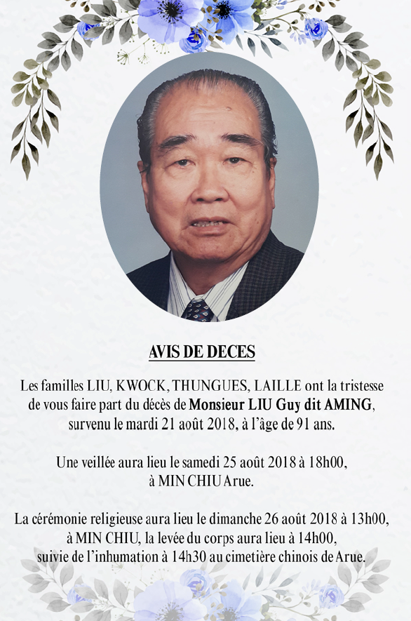 Décès de Monsieur LIU Guy dit AMING