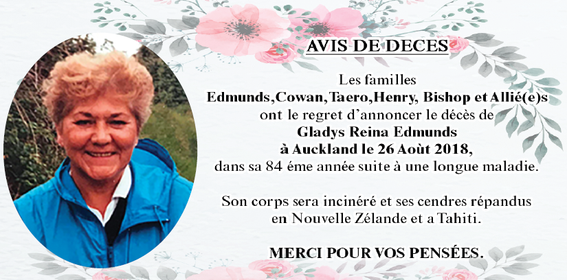 Décès de Madame Gladys Reina EDMUNDS