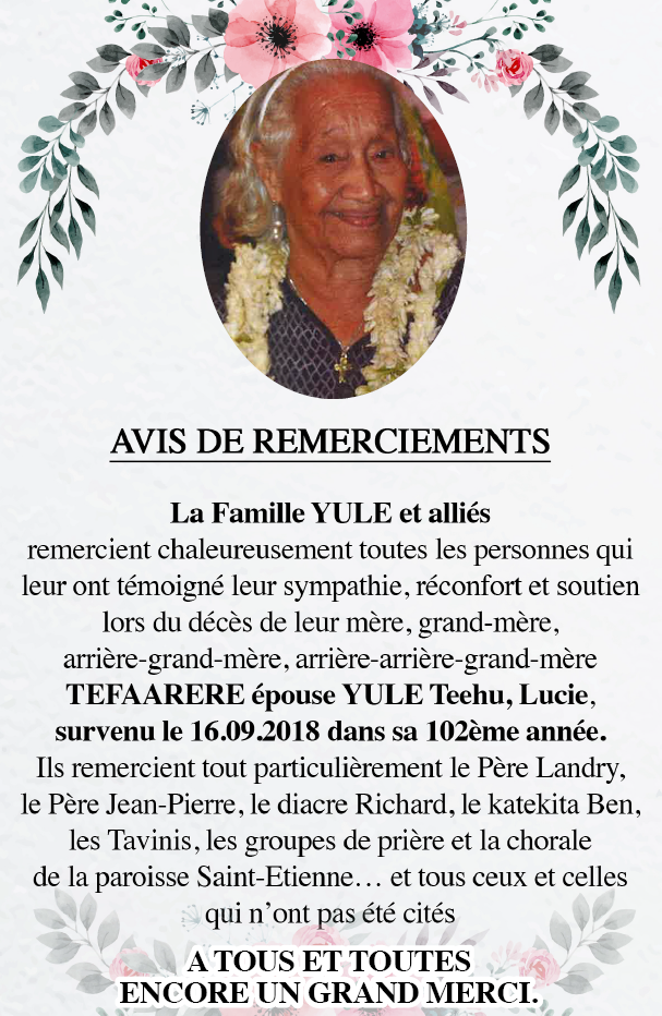 Avis de remerciements Famille YULE