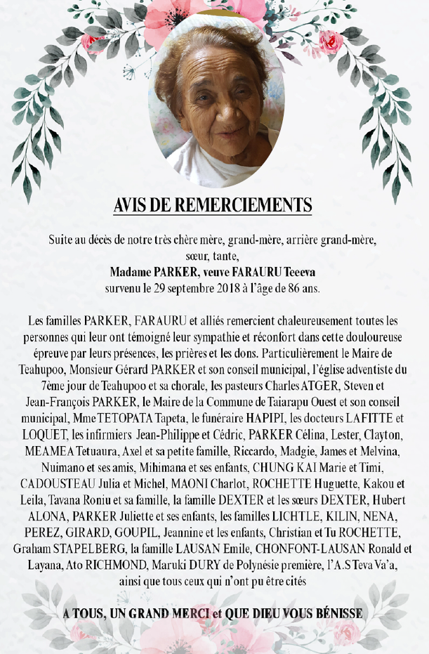 Avis de remerciements Famille PARKER - FARAURU