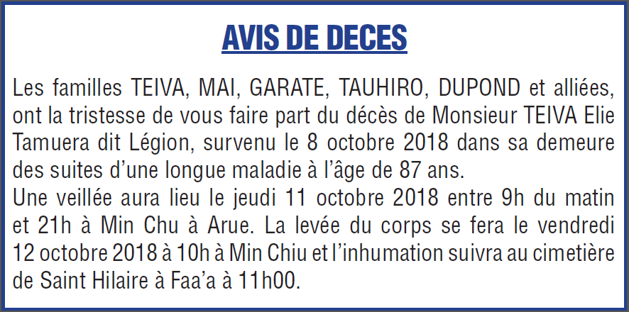 Décès de Monsieur TEIVA Elie Tamuera dit Légion