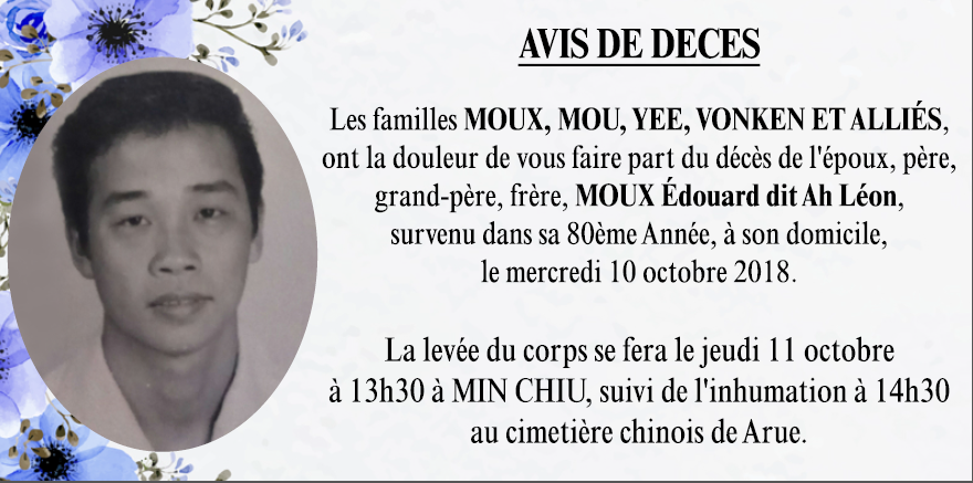 Décès de Monsieur MOUX Edouard dit Ah Léon