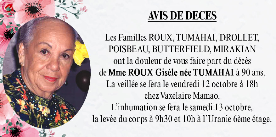 Décès de Madame ROUX Gisèle née TUMAHAI