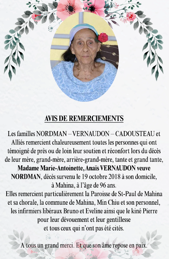 Avis de remerciements Famille NORDMAN-VERNAUDON