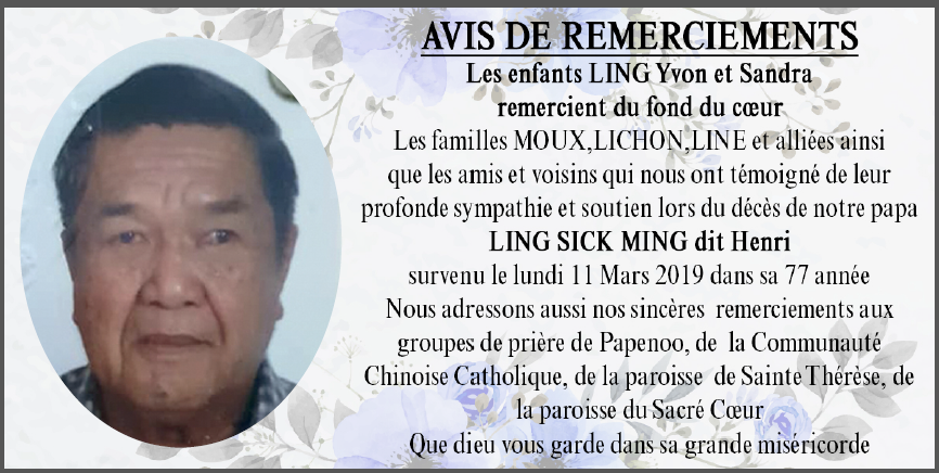 Avis de remerciements Famille LING SICK MING - MOUX