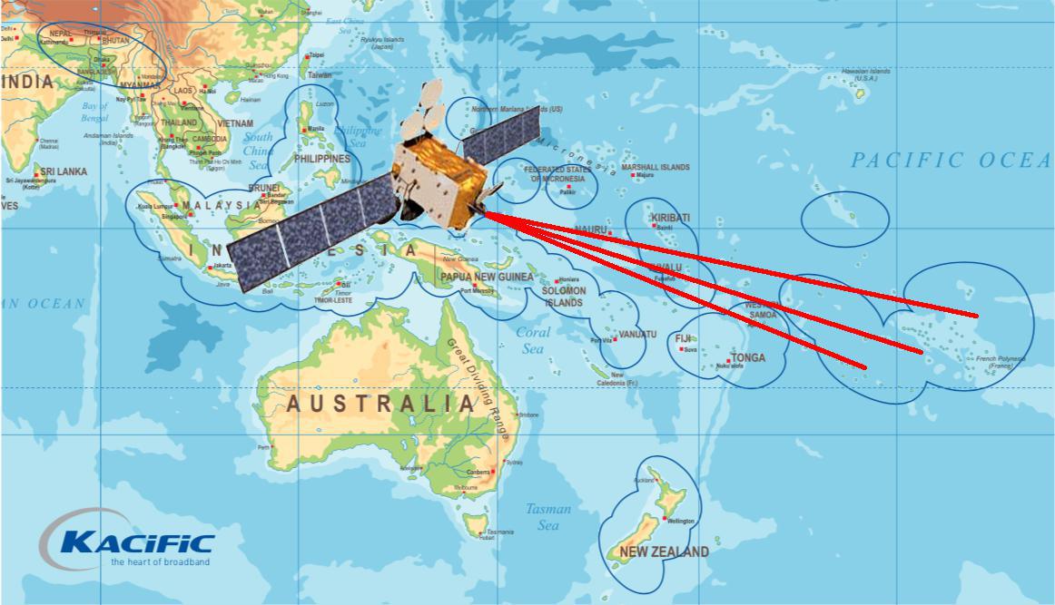 Le satellite Kacific-1 sera installé en orbite au-dessus de la Papouasie. Des faisceaux en bande Ka couvriront les différents archipels du Pacifique. Trois de ces faisceaux couvriront la presque totalité de la Polynésie française.