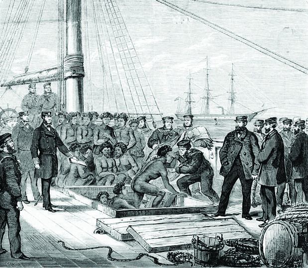 Le blackbirding était né en 1843 en Australie où certains planteurs avaient besoin de main-d’œuvre. On voit sur cette gravure représentant le Daphne en escale qu’il s’agissait plus de traite d’esclaves que d’embauches...