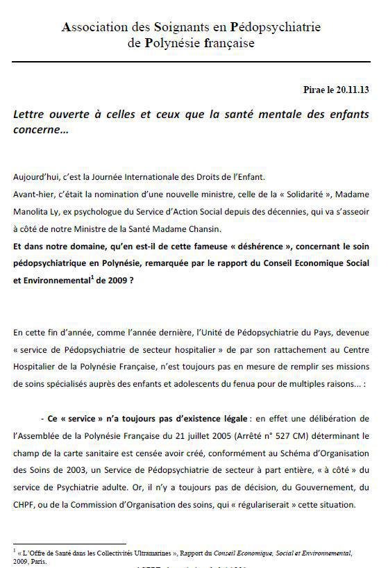 Droits de l'enfant: Lettre ouverte de l'Association des Soignants en Pédopsychiatrie de Polynésie Française