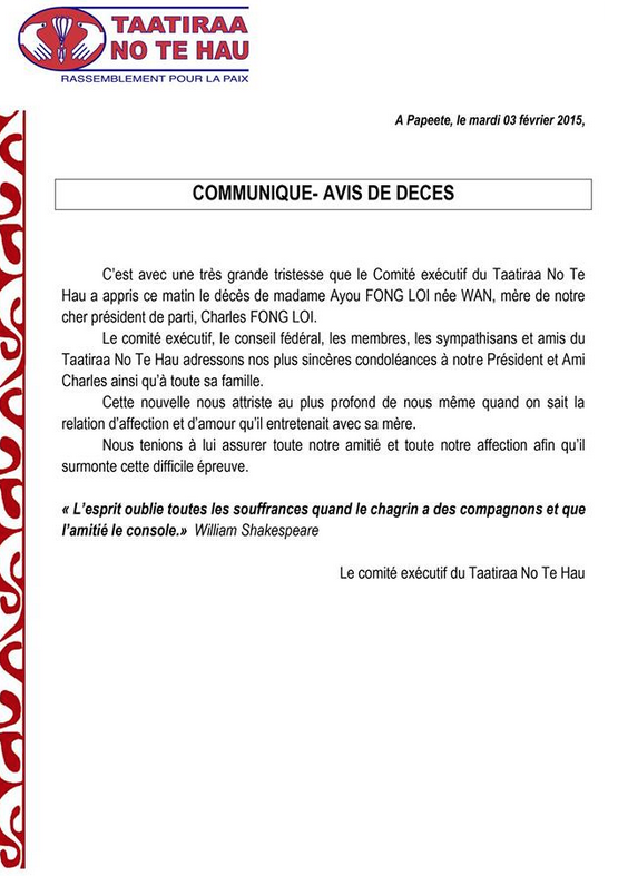 Décès de Madame Ayou Fong Loy