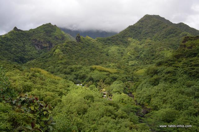 En fond de vallée, le Fare Hape actuel c'est sur les zones claires à droite et à gauche que prendraient place l'hôtel 4 étoiles et le golf d'altitude. Sur le sommet à droite de l'image, le mont Fare Fenua se situerait l'arrivée de la télécabine dont le départ serait depuis le Relais de la Maroto actuel.