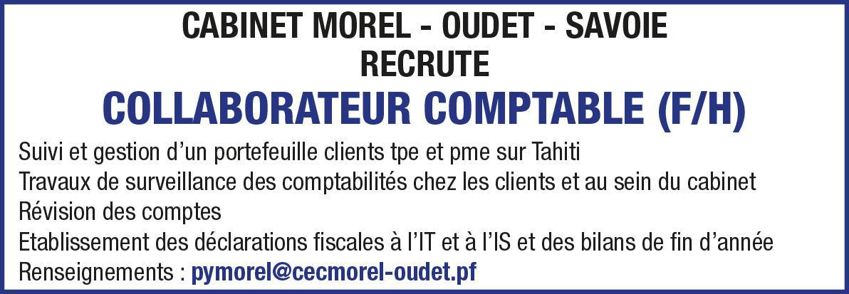 LE CABINET D'EXPERTISE COMPTABLE MOREL &amp; OUDET RECRUTE UN COLLABORATEUR COMPTABLE (F/H)
