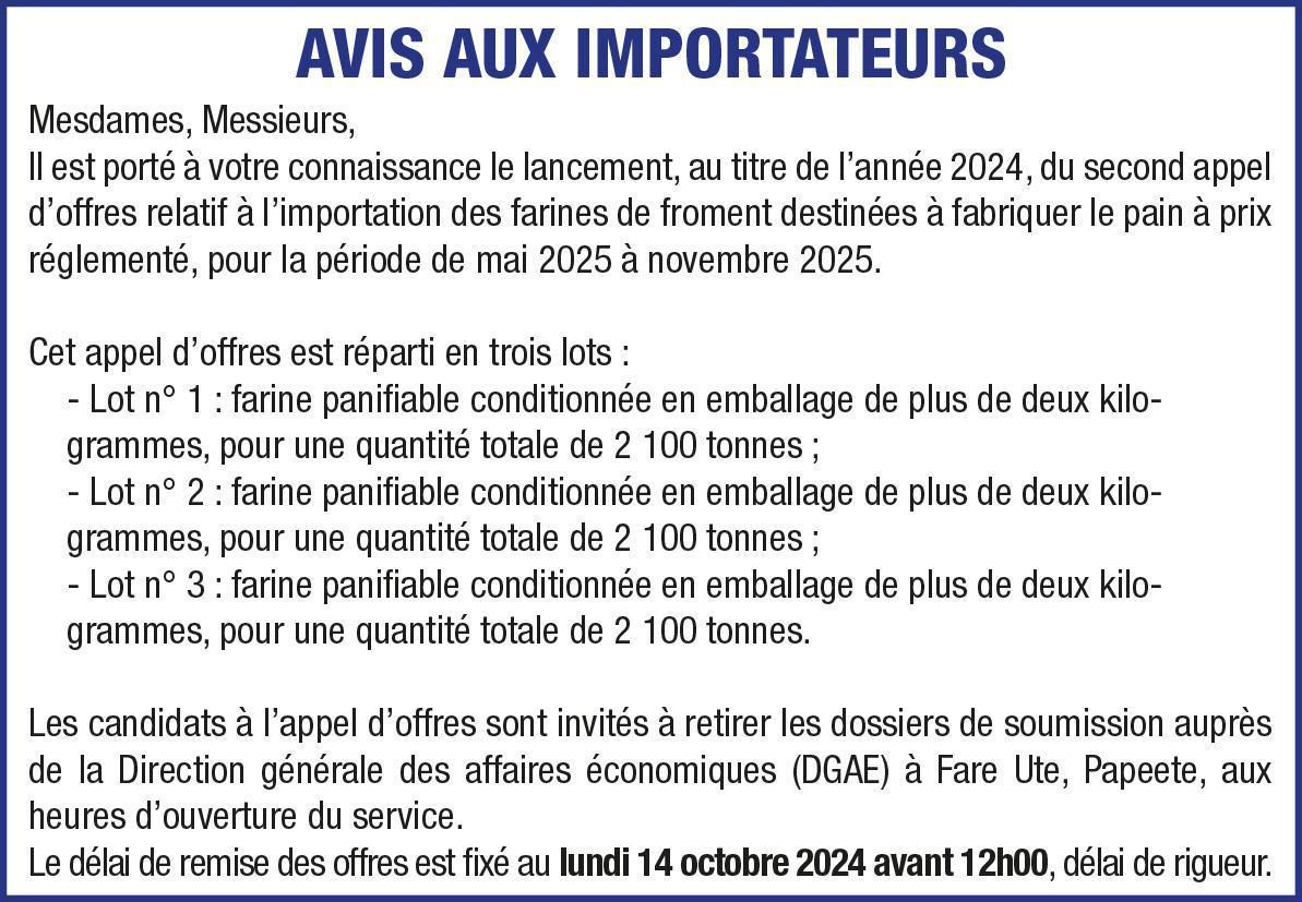 LA DIRECTION GÉNÉRAL DES AFFAIRES ECONOMIQUES INFORME DU LANCEMENT DU SECOND APPEL D'OFFRES: IMPORTATION DES FARINES DE FROMENT