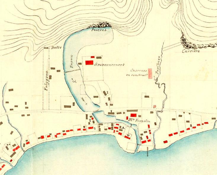 Dessin de la rivière Vai’ete, nommée rivière Papeiti sur ce plan de 1844.