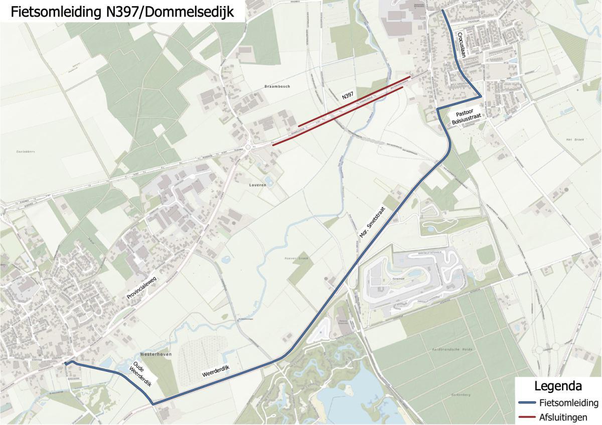 Kaart fietsomleiding N397/Dommelsedijk dicht tot eind 2021