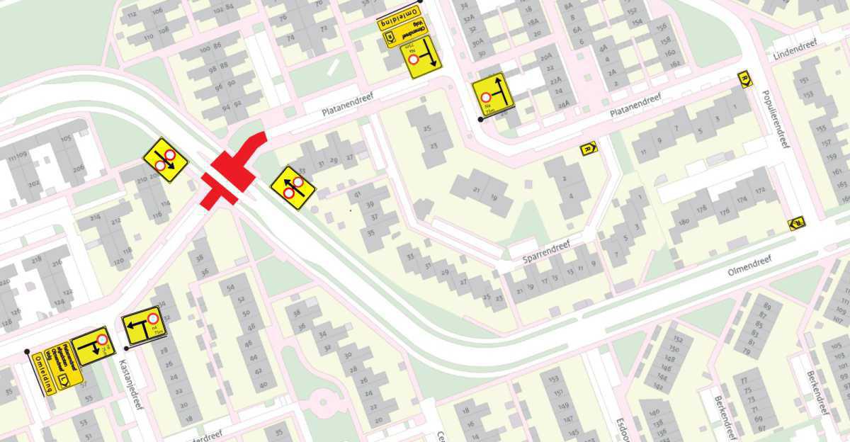 Omleiding kruising Platanendreef/Olmendreef Omleiding kruising Platanendreef/Olmendreef