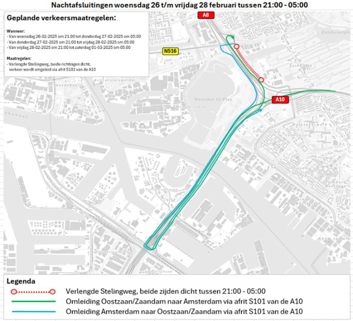 Nachtafsluitingen Verlengde Stellingweg 25 t/m 28 februari