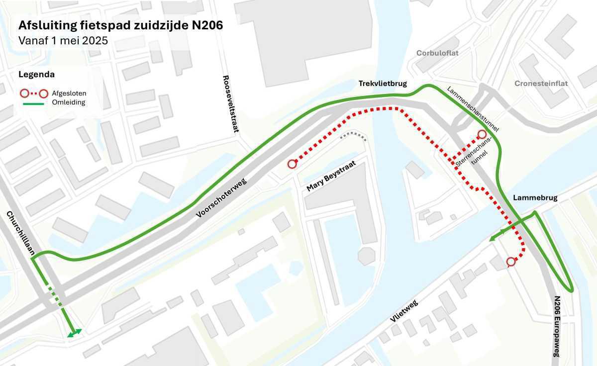 Afsluiting fietspad zuidzijde N206 vanaf 1 mei