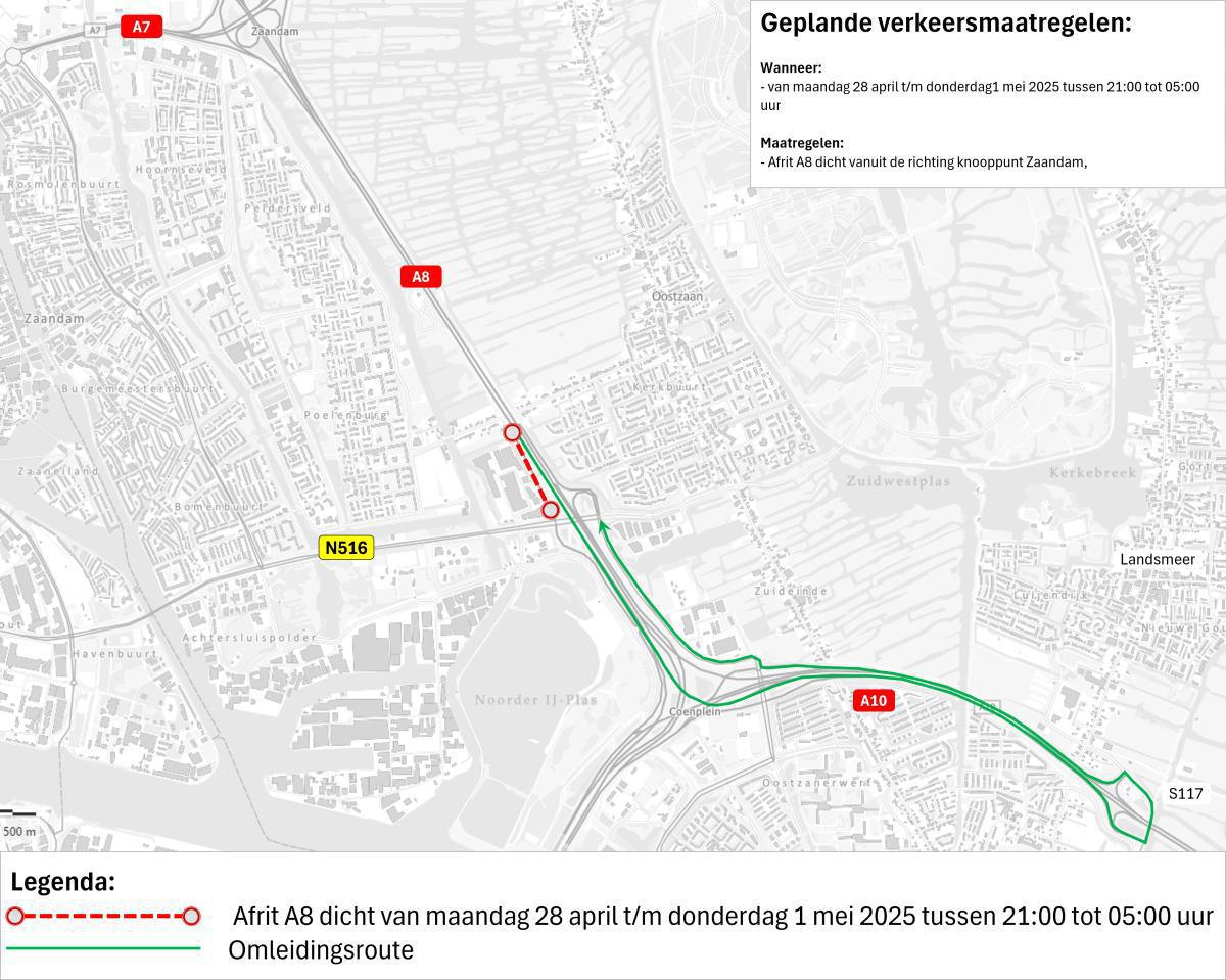 Nachtafsluitingen afrit A8 maandag 28 april - vrijdag 2 mei