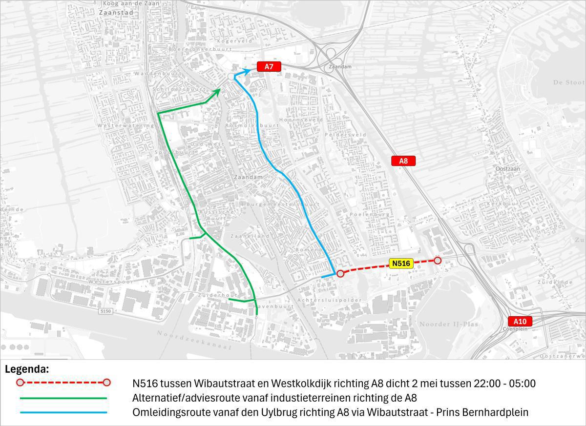 Nachtafsluiting 2 mei N516 richting A8 Nachtafsluiting 2 mei N516 richting A8
