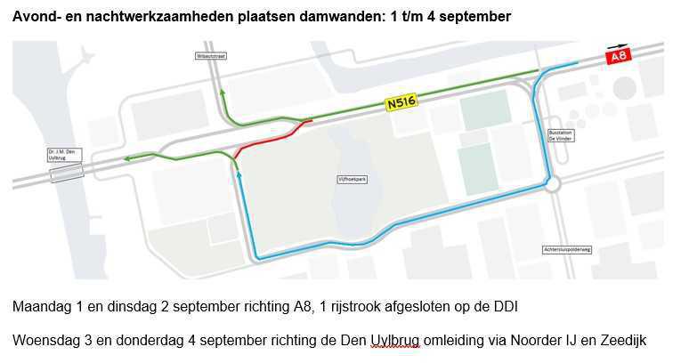 Avond- en nachtwerkzaamheden plaatsen damwanden: 1 t/m 4 september