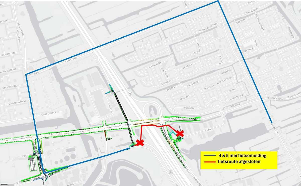 Fietsroute Ooszanerdijk / Verlengde Stellingweg / Skoon tijdelijk afgesloten.