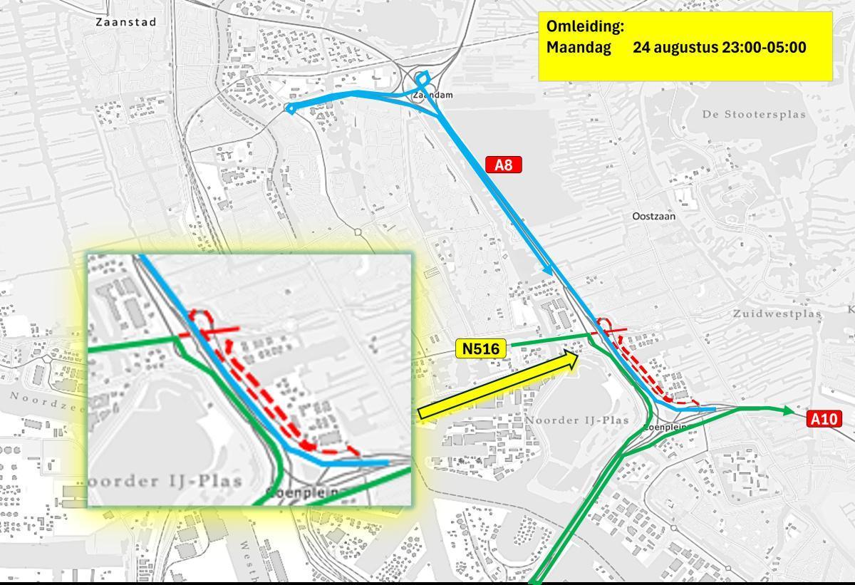 Nachtafsluiting A8 afrit Zaandam-Zuid 
