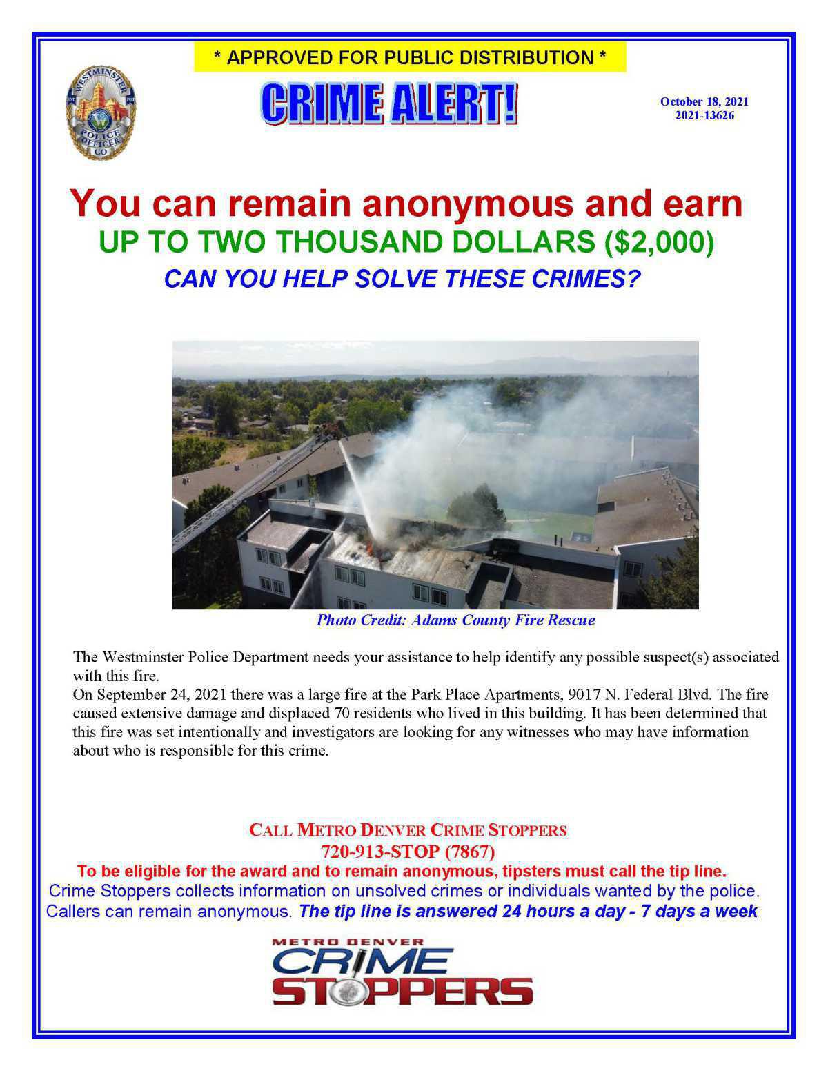 Crime Stoppers Alert - Arson Investigation Crime Stoppers Alert - Arson Investigation
