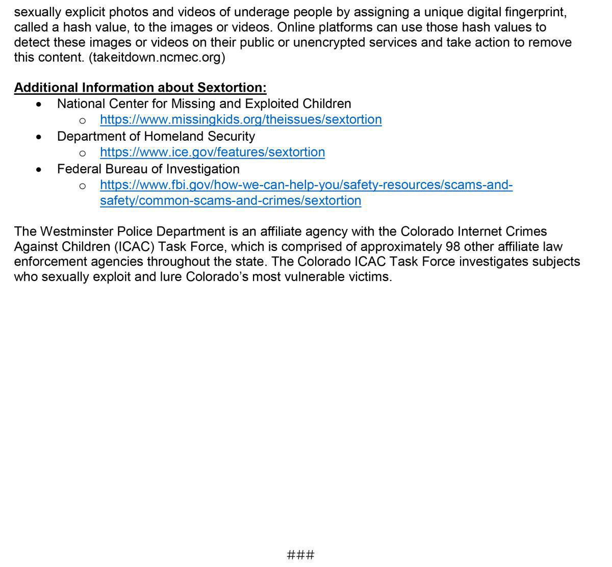 Westminster Police Department Warns Community of “Sextortion” Scammers