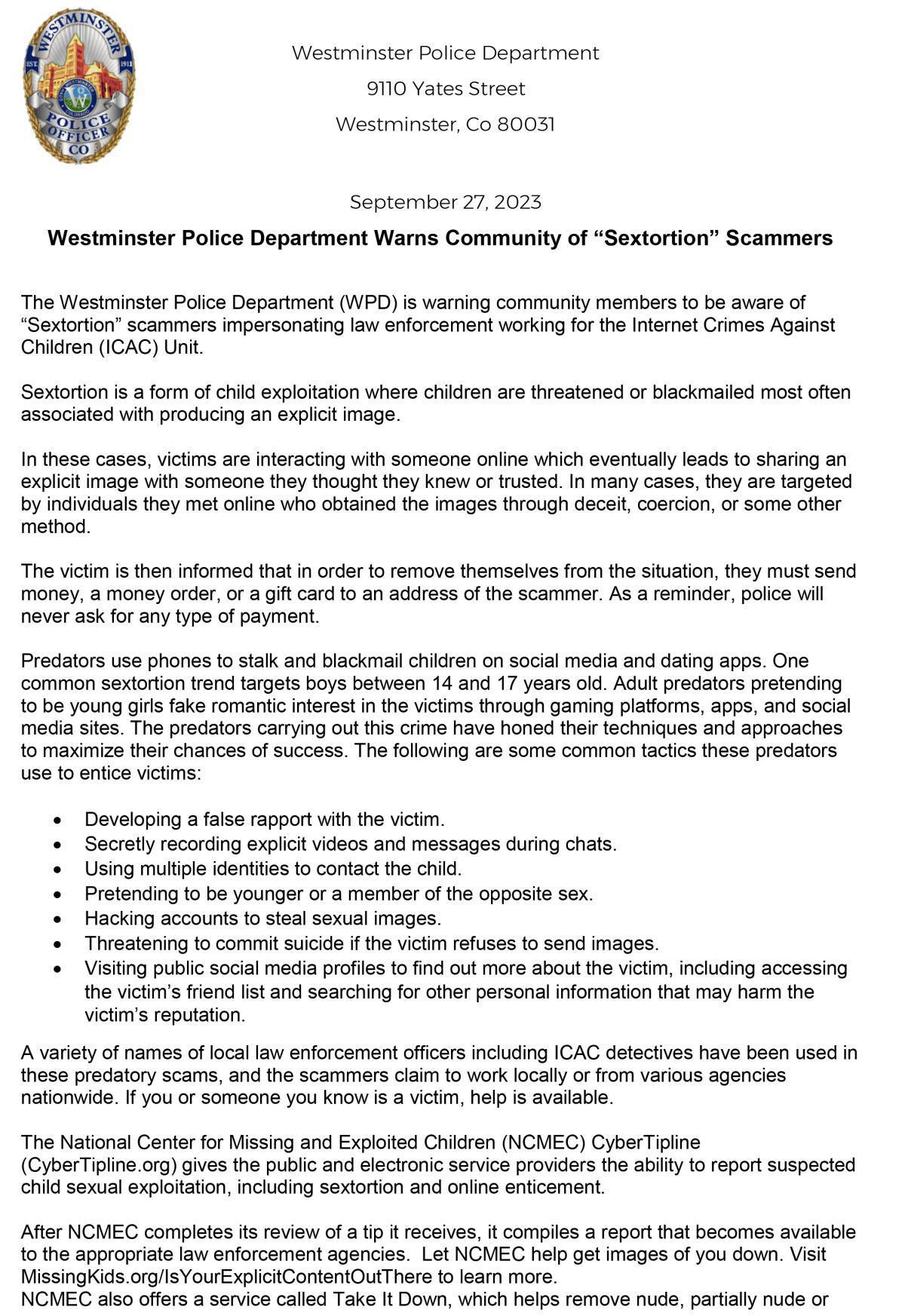 Westminster Police Department Warns Community of “Sextortion” Scammers