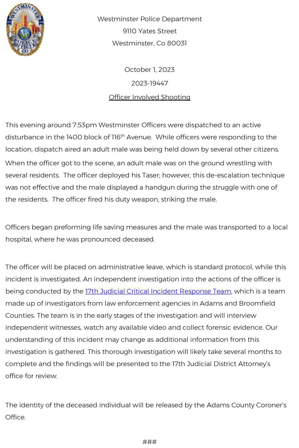 Press Release - Officer Involved Shooting