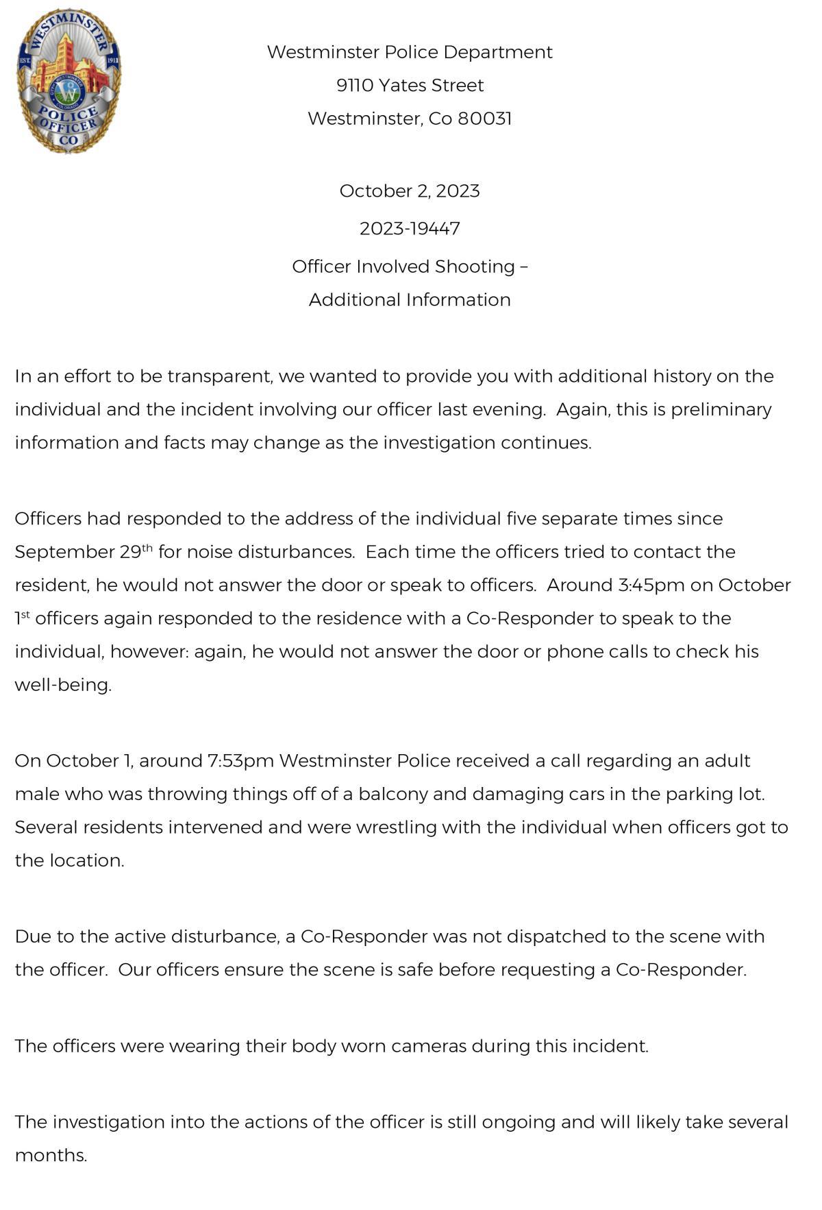 Updated Information - Officer Involved Shooting