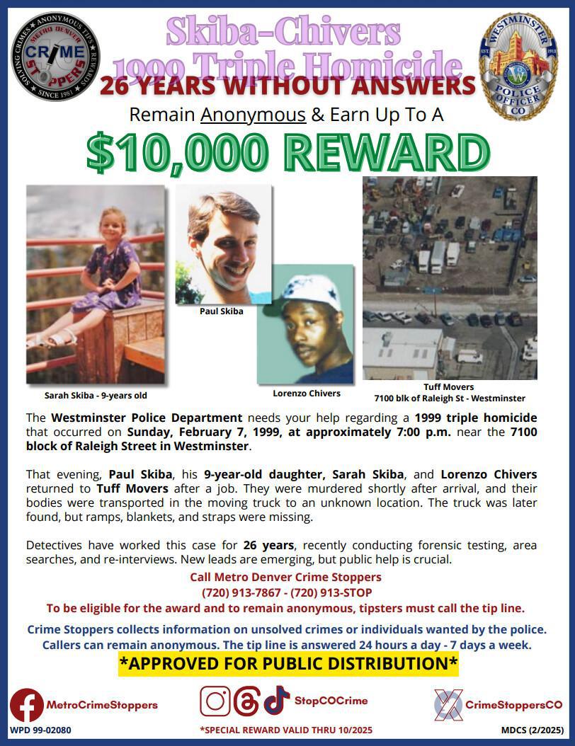 Tipsters could earn $10,000 to help solve WPD 1999 triple homicide