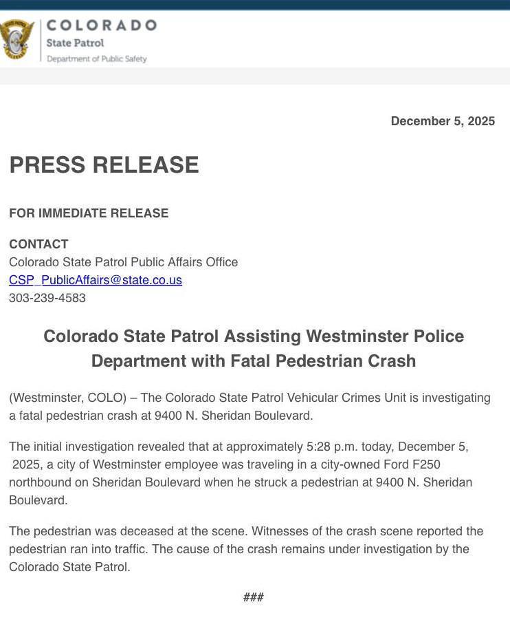 CSP investigating fatal auto-pedestrian crash in Westminster CSP investigating fatal auto-pedestrian crash in Westminster