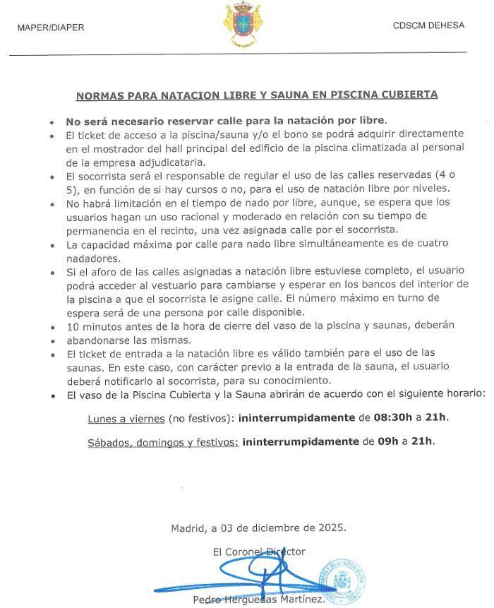 NORMAS USO NATACIÓN LIBRE EN PISCINA CLIMATIZADA Y SAUNA.