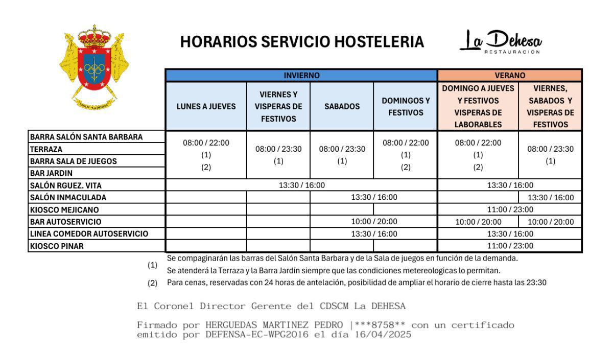HORARIOS SERVICIO HOSTELERÍA 