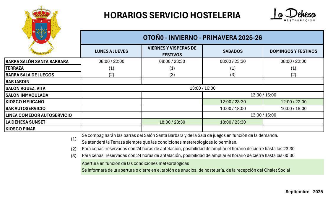 HORARIOS SERVICIO HOSTELERIA OTOÑO, INVIERNO, PRIMAVERA 2025-2026