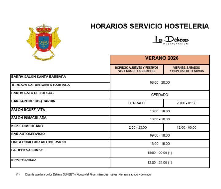 HORARIOS SERVICIO HOSTELERIA VERANO 2026