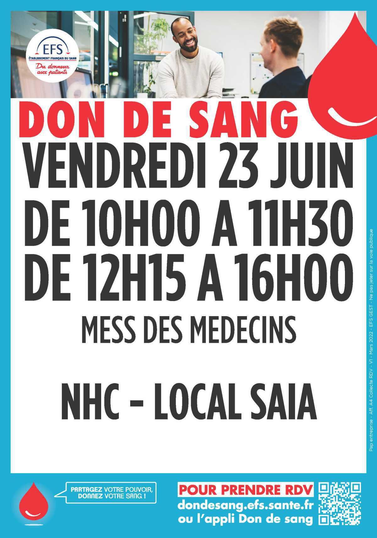 Jeudi 24 juin 2025 : Don du sang au Mess des médecins du NHC