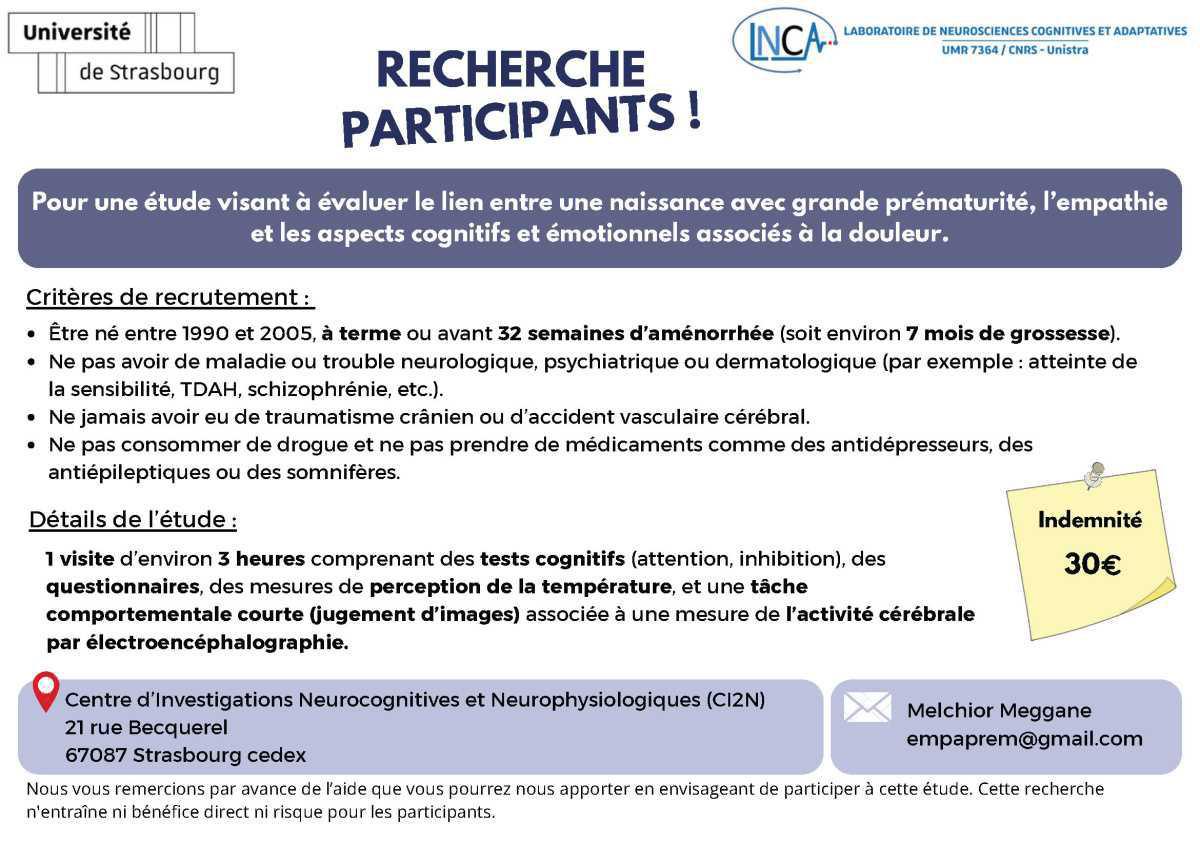 Etude visant à évaluer le lien entre une naissance avec grande prématurité, l'empathie et les aspects cognitifs et émotionnels associés à la douleur : recherche de participants