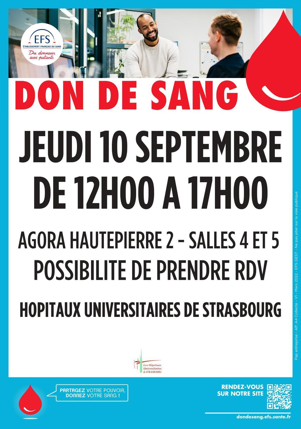 Collecte de sang à l’Agora le jeudi 10 septembre 2026 pour subvenir aux besoins des malades