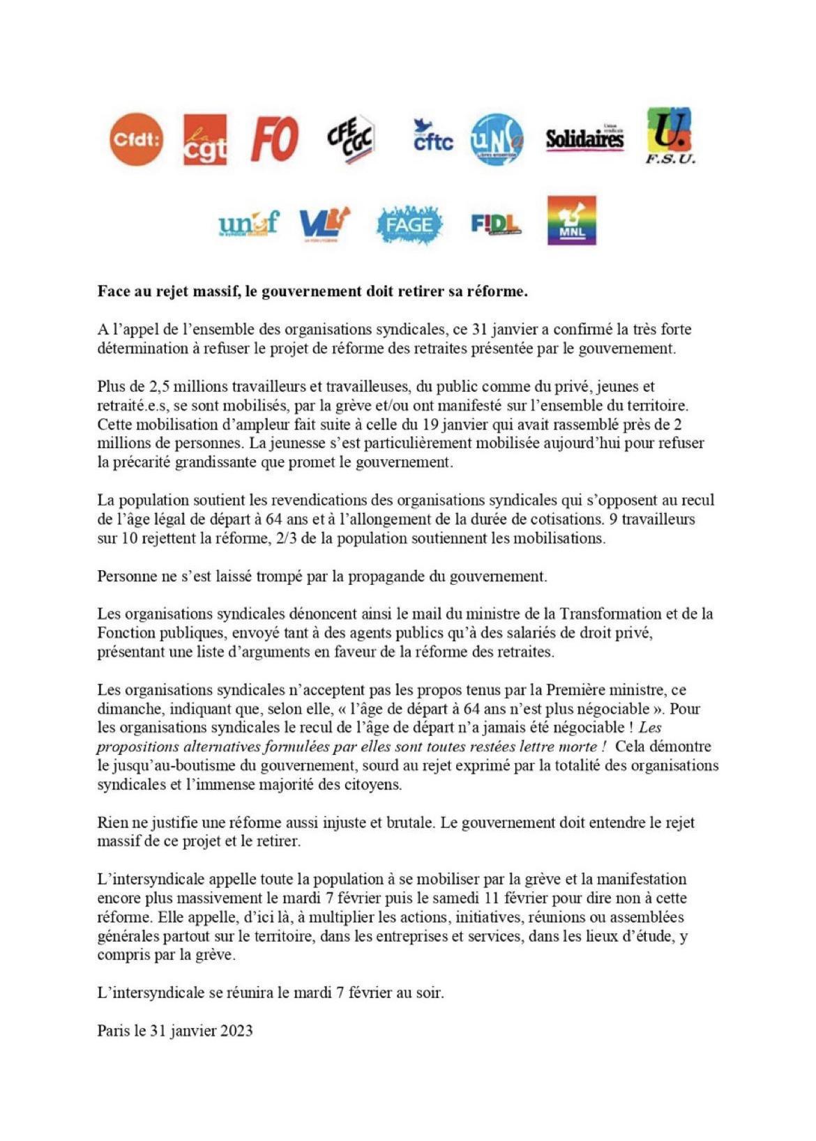 Communiqué de l’intersyndicale