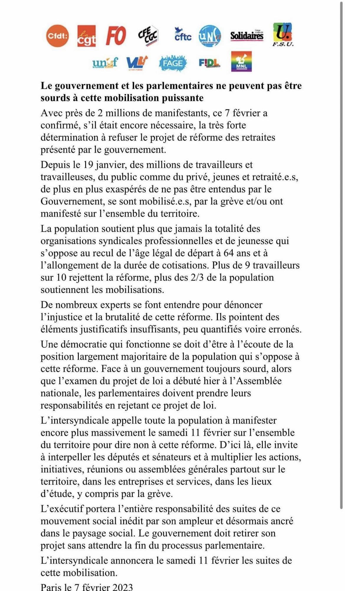 Communiqué intersyndical : réforme des retraites 