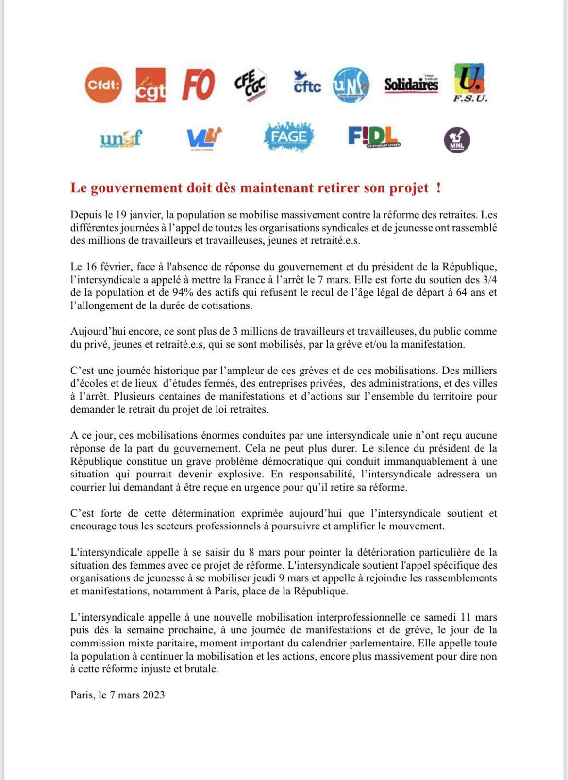 Communiqué de presse intersyndical du 7 mars 2023