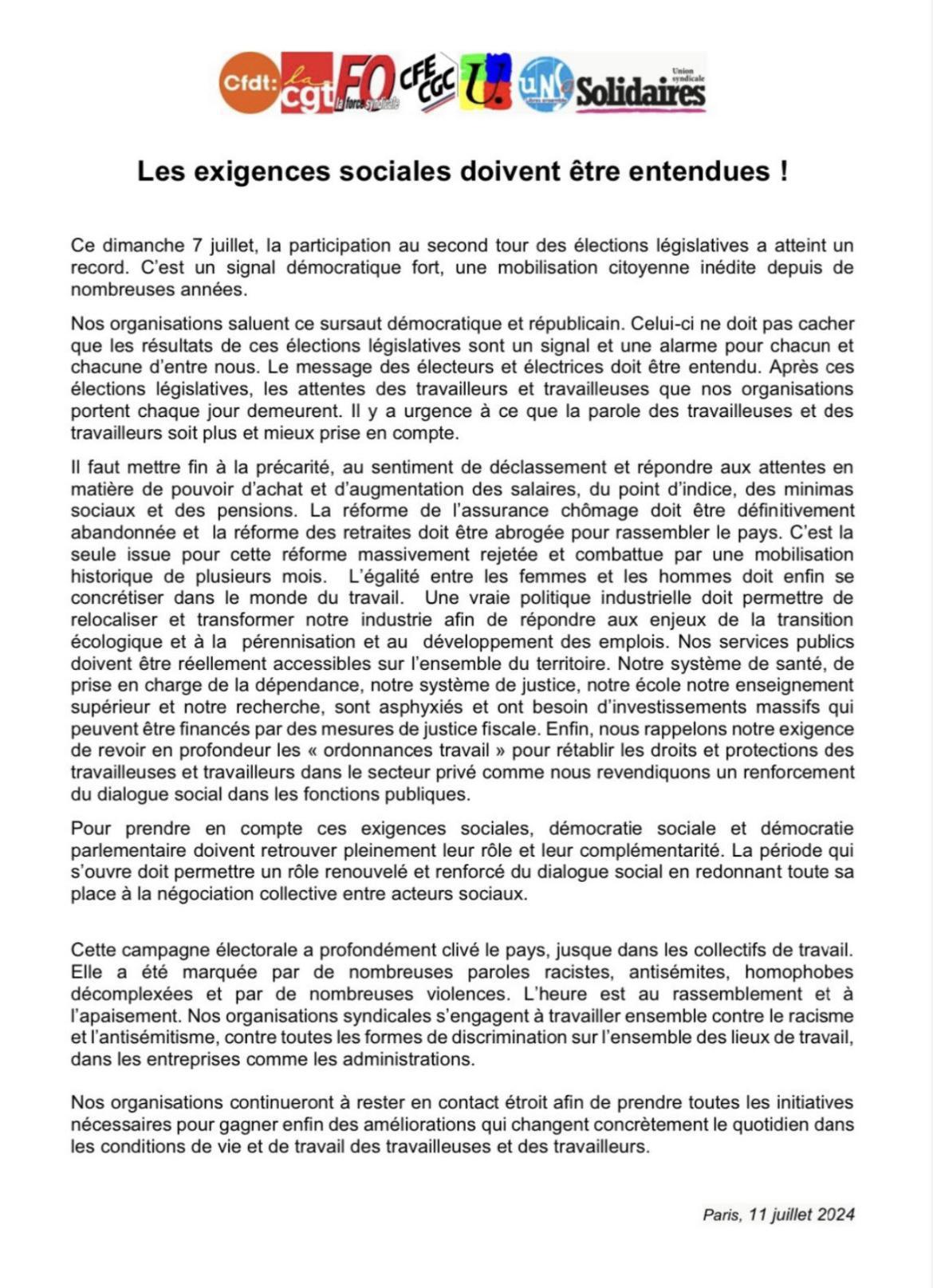 Communiqué intersyndical 